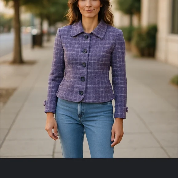 Pendleton Lavender Purple Plaid Blazer 100% Wool Tab Sleeves Cropped Sz 10P - Picture 5 of 11